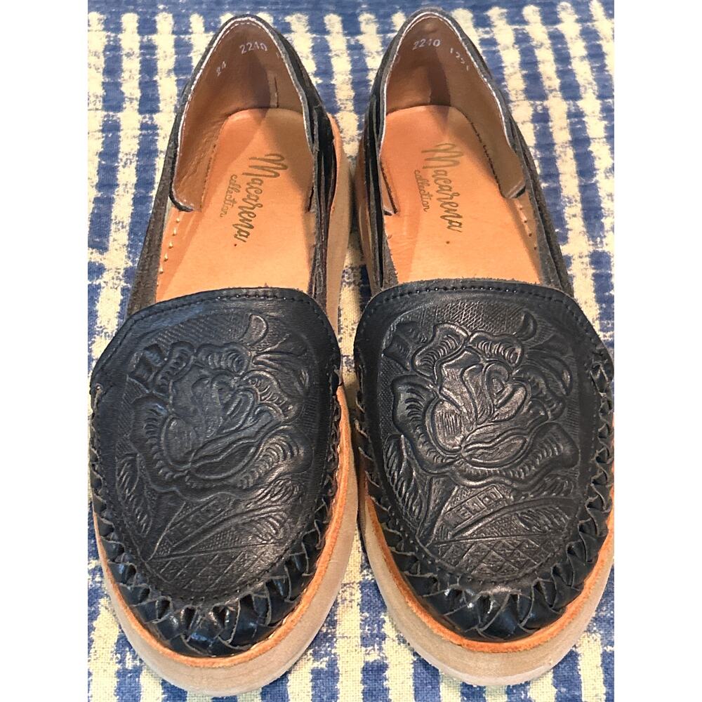 Black Leather Rose Huaraches Espadrilles - Picture 2 of 8